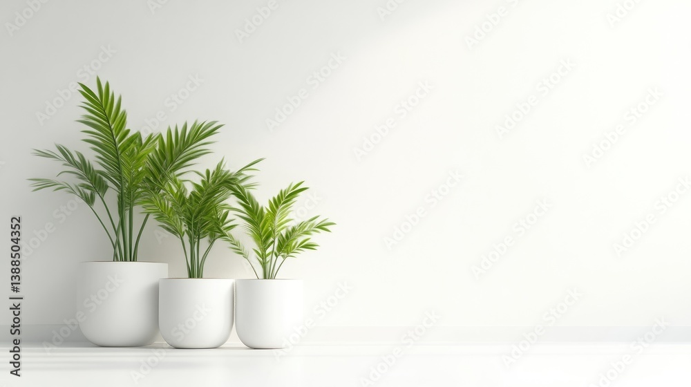 Three potted palms minimalist style high resolution wide shot subtle textures displayed indoors serenity white background tranquil mood ideal for home decor Three potted palms minimalist style high resolution wide shot subtle textures displayed indoors serenity white background tranquil mood ideal for home decor