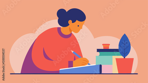 Journaling Time An adult sitting at a cozy desk with a journal and colored pencils writing affirmations or memories showing the process of reflecting and understanding oneself.