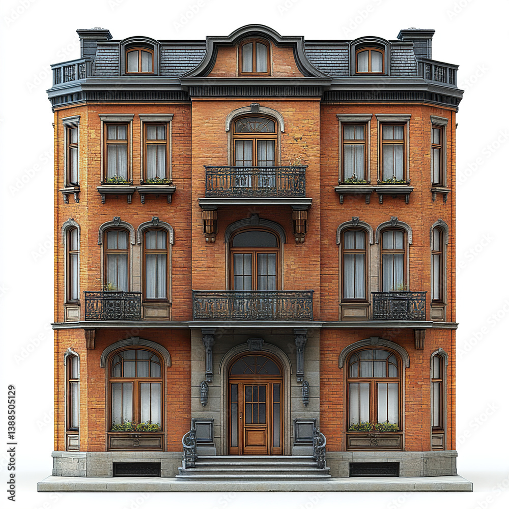 Obraz premium classic brick building with ornate balconies and arched windows