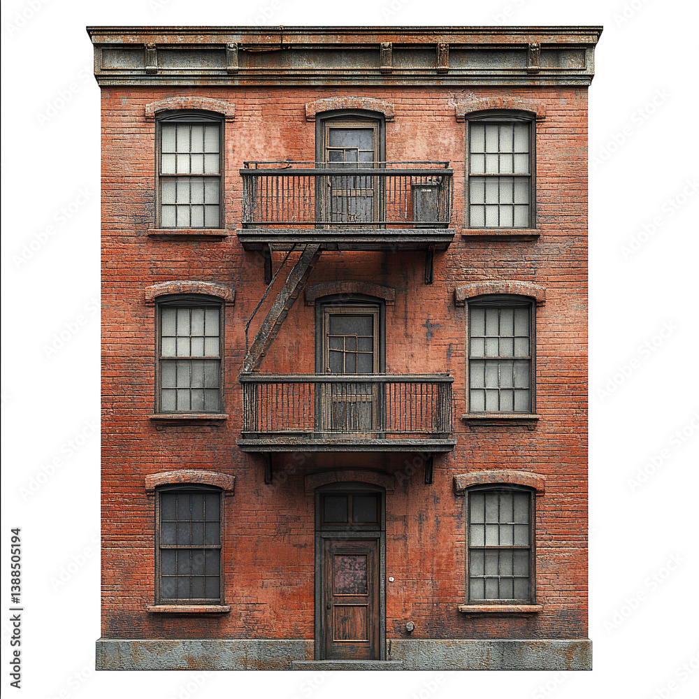 Obraz premium red brick building with fire escapes and multiple windows