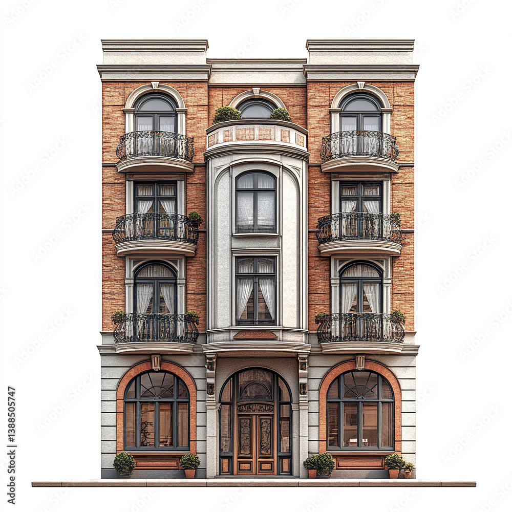 Fototapeta premium Elegant brick building with ornate balconies and arched windows