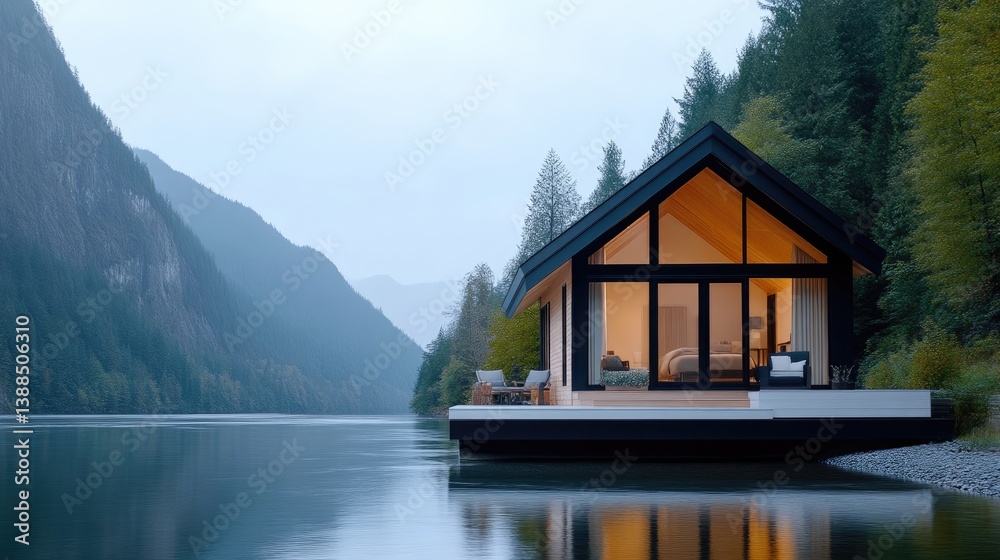 Fototapeta premium Modern cabin on a serene lake, nestled amongst mountains. Tranquil retreat
