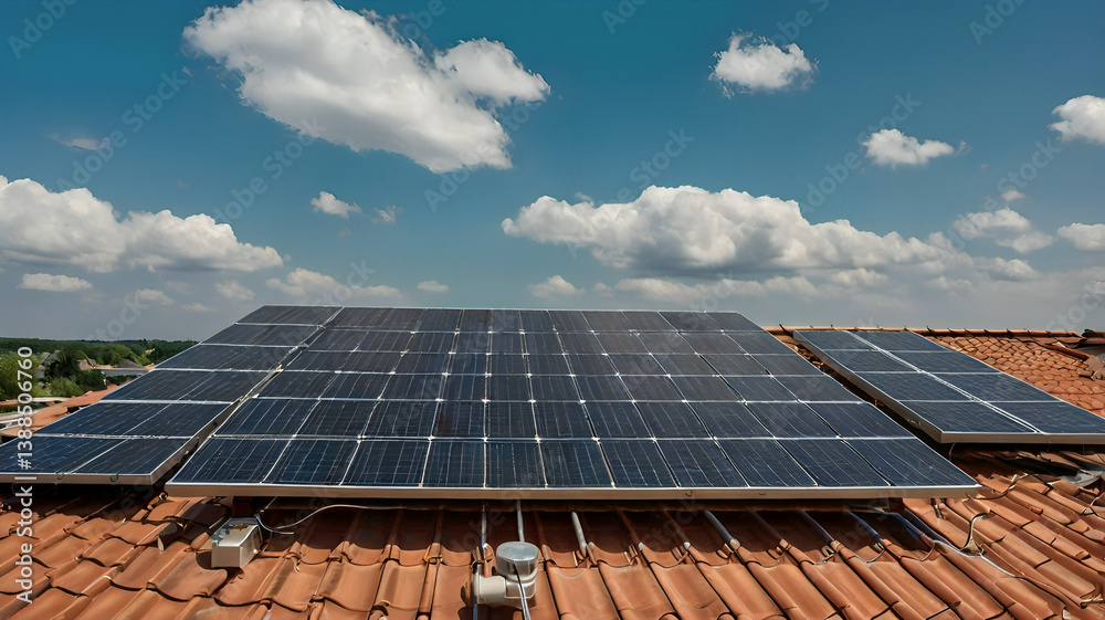 Solar Panel Installation on Modern Rooftop with Clear Sky and Natural Lighting Solar Panel Installation on Modern Rooftop with Clear Sky and Natural Lighting