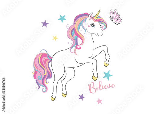 Vector illustration. unicorn and stars . Lovely T-shirt printing, Celebration templates, ads, branding, banner, cover, label, poster, sales