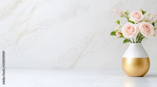 A gold and white vase holds a bouquet of pale pink roses. It sits on a white surface against a marble background. The image is well-lit, high-resolution, and features a minimalist aesthetic. Soft, c