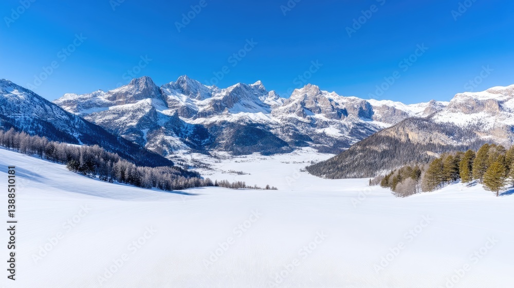 Snowy mountain valley panorama. Vast expanse of pristine white snow blankets a valley nestled amongst towering snow-capped mountains, bathed in bright sunlight. A picturesque winter landscape Snowy mountain valley panorama. Vast expanse of pristine white snow blankets a valley nestled amongst towering snow-capped mountains, bathed in bright sunlight. A picturesque winter landscape