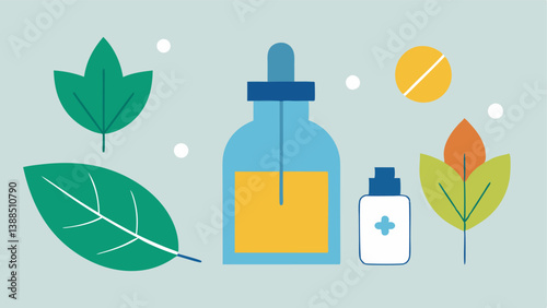 Natural Ingredients A vector illustration showing a few leaf icons and a flower next to the serum bottle representing its natural and soothing components behind the formula.