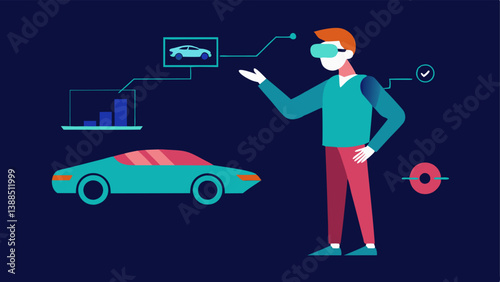 Realtime Feedback A designer viewing realtime performance data through AR glasses while examining a car prototype on a test track.