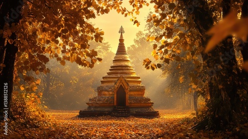 A Buddhist stupa framed by vibrant autumn leaves, golden light from the setting sun enhancing the peaceful atmosphere and clear space