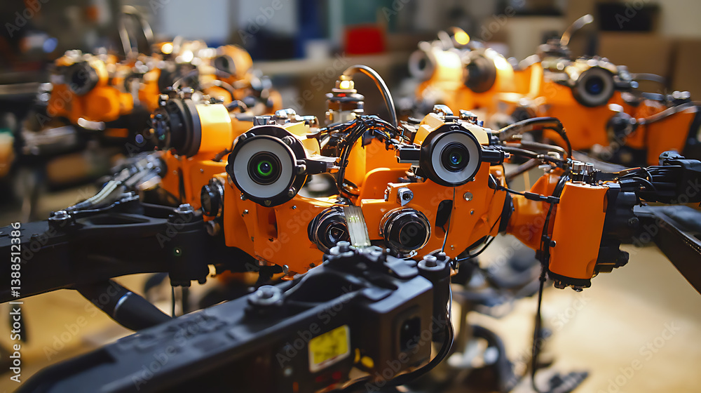 Mechanical arms constructing robots for autonomous oil pipeline inspection in an energy tech lab, robotic arms fitting sensors, cameras Mechanical arms constructing robots for autonomous oil pipeline inspection in an energy tech lab, robotic arms fitting sensors, cameras