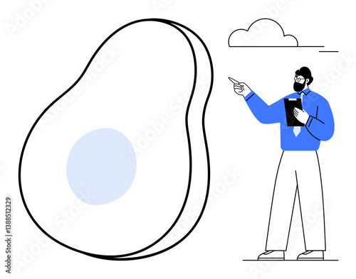 Man in blue shirt pointing to giant avocado graphic while holding a tablet. Ideal for education, nutrition, healthy lifestyle, wellness, presentations, diet plans, and visual communication. Flat