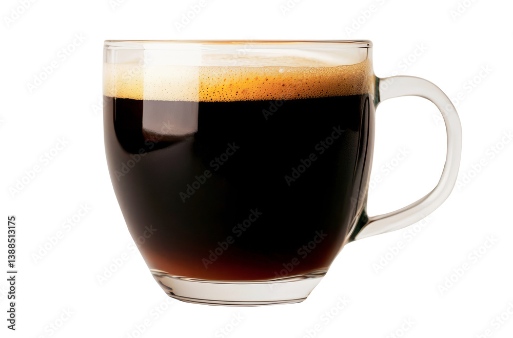 A cup of coffee stands on an isolated background. The coffee is dark and there is foam on top., PNG image A cup of coffee stands on an isolated background. The coffee is dark and there is foam on top., PNG image