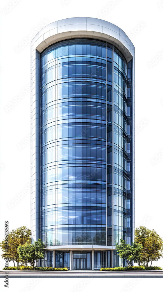 Obraz premium tall, modern office building with glass facade and trees in front