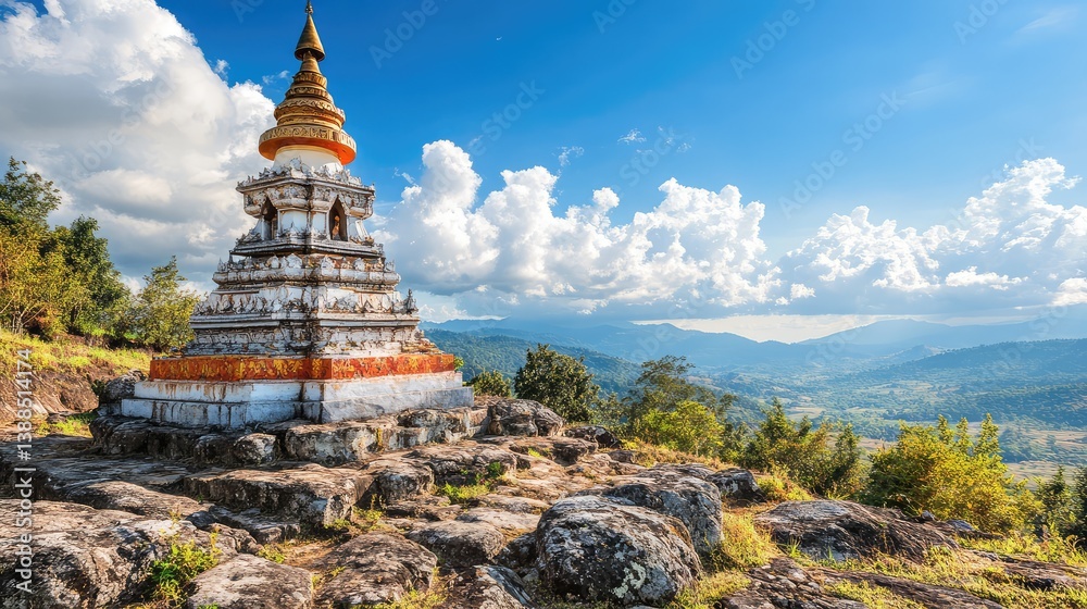 A stupa under a bright blue sky, surrounded by rocky terrain and calm nature, with space for creative additions