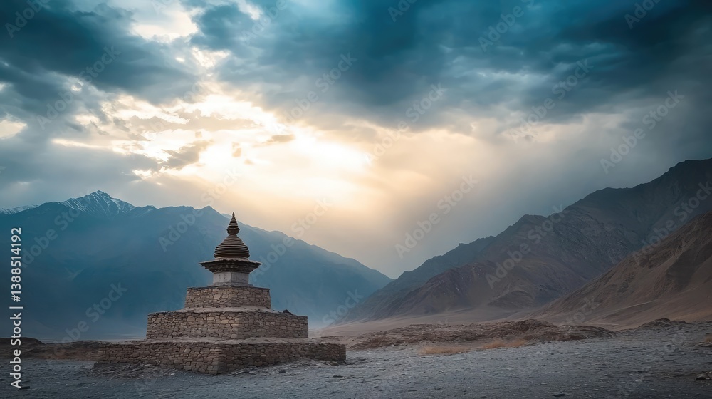 A stupa under a stormy sky, surrounded by rugged terrain, natural light breaking through clouds and providing ample space