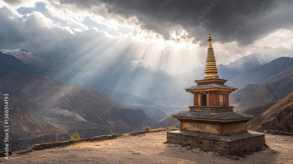 A stupa under a stormy sky, surrounded by rugged terrain, natural light breaking through clouds and providing ample space