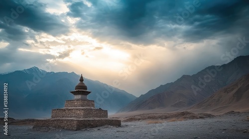 Obraz na płótnie A stupa under a stormy sky, surrounded by rugged terrain, natural light breaking through clouds and providing ample space w salonie