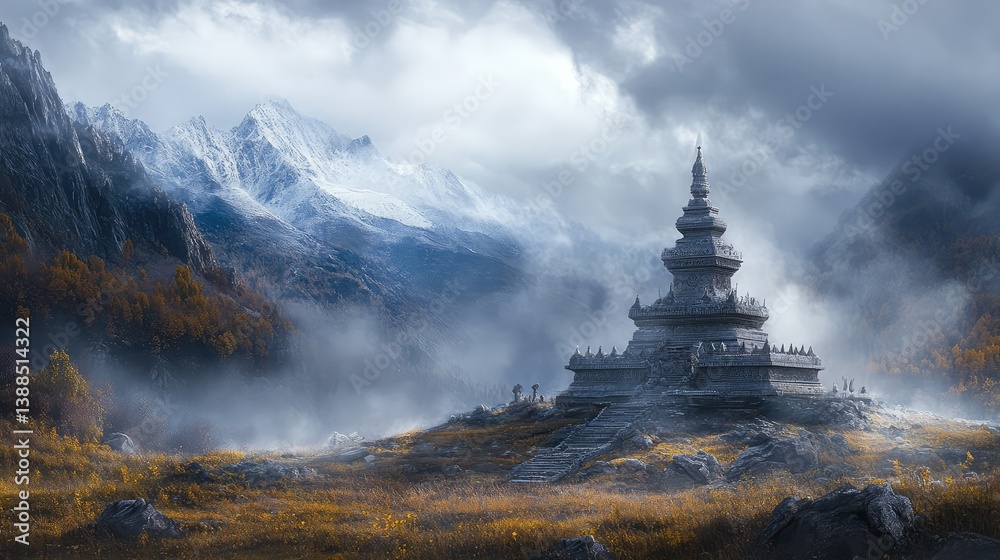 A stupa with detailed stonework, set against a foggy morning landscape with natural light filtering through and surrounding space