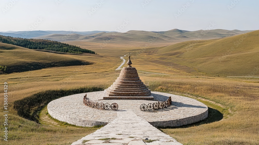 A stupa with prayer wheels surrounding it, set on a stone path, with hills in the distance and open space for design