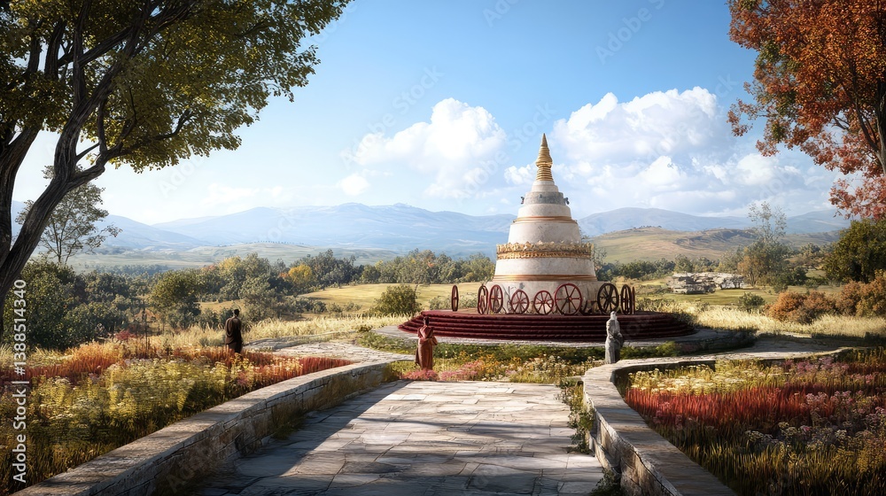 A stupa with prayer wheels surrounding it, set on a stone path, with hills in the distance and open space for design
