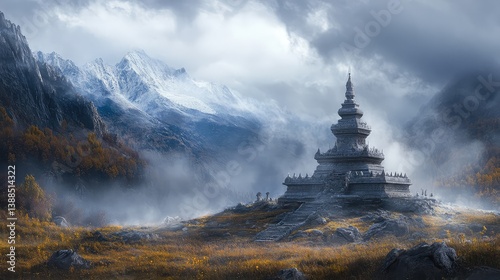 Obraz na płótnie A stupa with detailed stonework, set against a foggy morning landscape with natural light filtering through and surrounding space w salonie