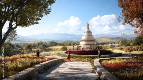 Obraz na płótnie A stupa with prayer wheels surrounding it, set on a stone path, with hills in the distance and open space for design w salonie