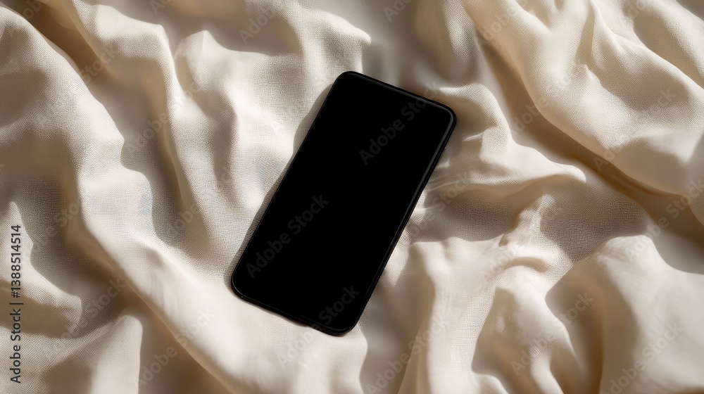 Black smartphone lying on a soft beige fabric with a natural window light casting shadows, empty screen for design presentation or advertising copy space