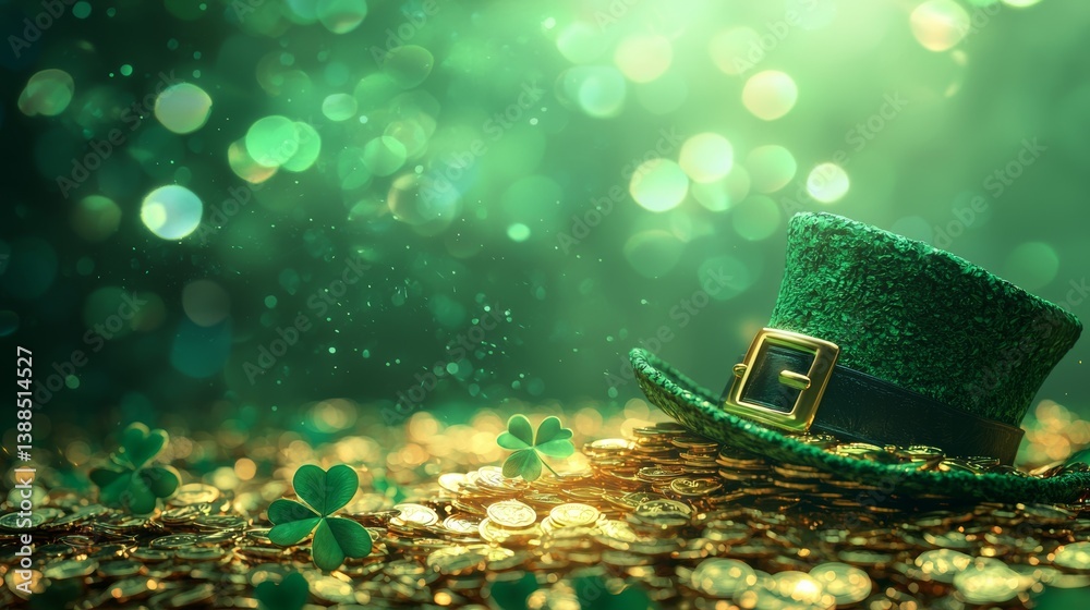 High-detail 3D illustration, leprechaun hat resting on piles of shimmering gold coins, clover leaves scattered around, emerald green backdrop, text area in center