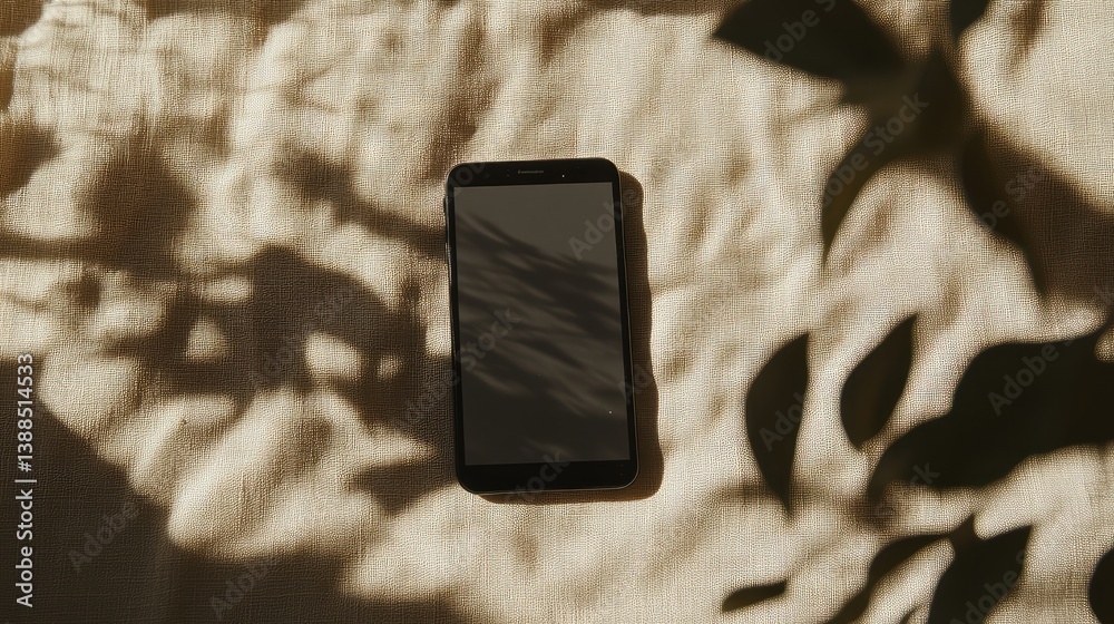 Black smartphone lying on a soft beige fabric with a natural window light casting shadows, empty screen for design presentation or advertising copy space