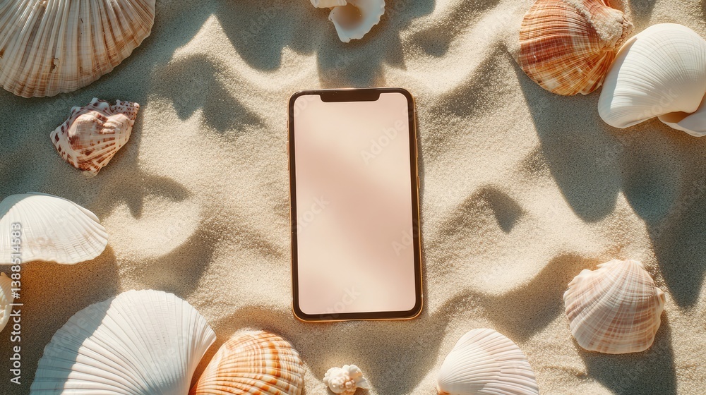 Blank phone screen surrounded by seashells and sand on a beach towel, summer travel concept with smartphone mockup and space for creative layout