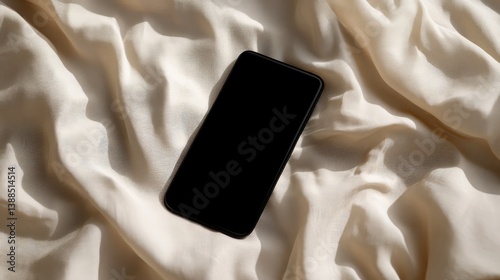 Obraz na płótnie Black smartphone lying on a soft beige fabric with a natural window light casting shadows, empty screen for design presentation or advertising copy space w salonie