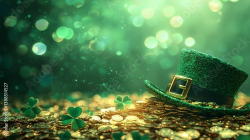 Obraz na płótnie High-detail 3D illustration, leprechaun hat resting on piles of shimmering gold coins, clover leaves scattered around, emerald green backdrop, text area in center w salonie