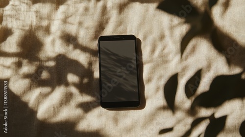 Obraz na płótnie Black smartphone lying on a soft beige fabric with a natural window light casting shadows, empty screen for design presentation or advertising copy space w salonie