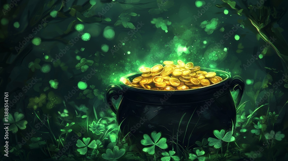 Close-up of a black pot filled with gold, surrounded by clover leaves, glowing emerald bokeh backdrop, hand-drawn illustration style