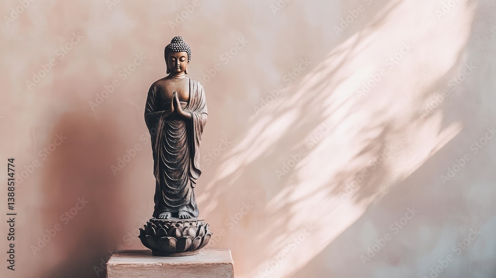 Bronze Buddha statue with lotus base, standing against neutral wall background with plenty of space around