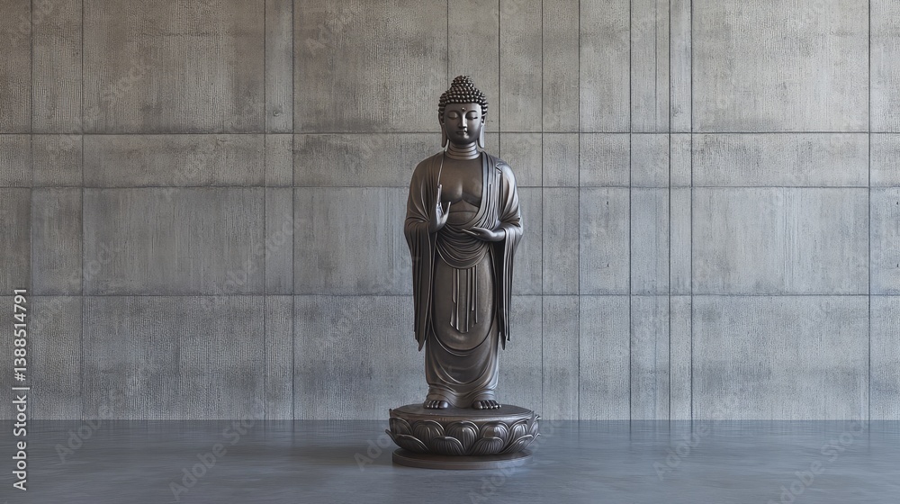 Bronze Buddha statue with lotus base, standing against neutral wall background with plenty of space around