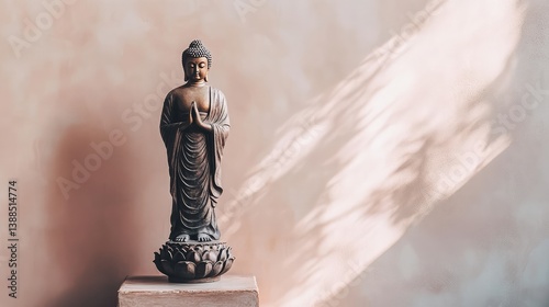 Obraz na płótnie Bronze Buddha statue with lotus base, standing against neutral wall background with plenty of space around w salonie