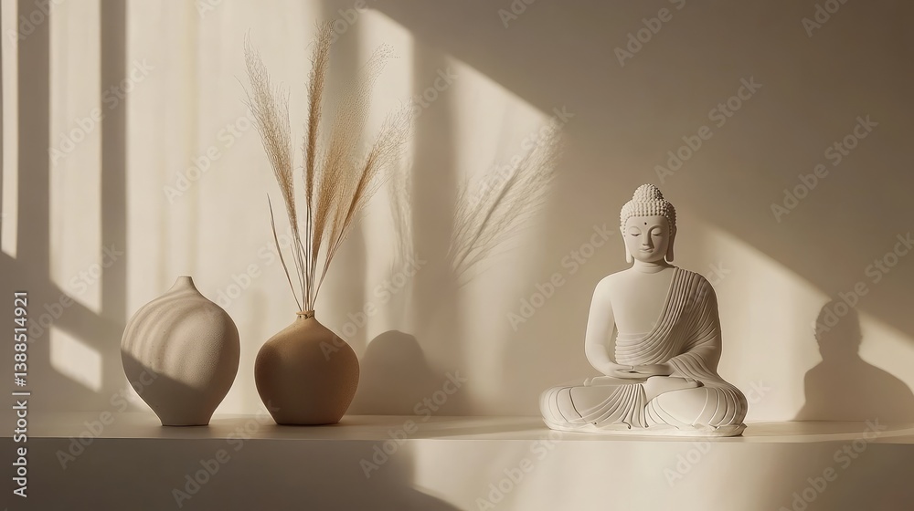 Buddha figurine on clean shelf with neutral wall behind, simple modern home decor with minimalist space