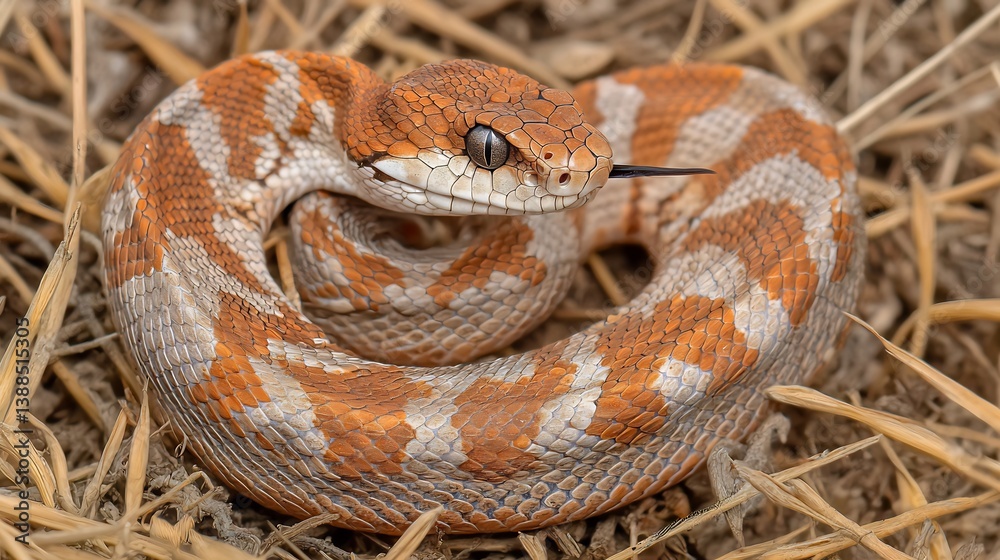 Obraz premium Puff adder camouflaged African savanna grass coiled strike pose hyper realistic scale textures