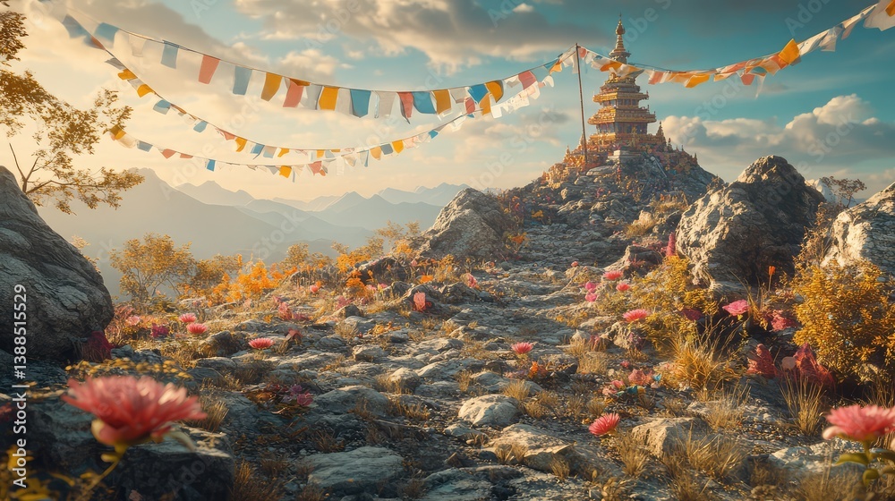 Decorative prayer flags draped across a mountaintop temple, spiritual scenery and open background