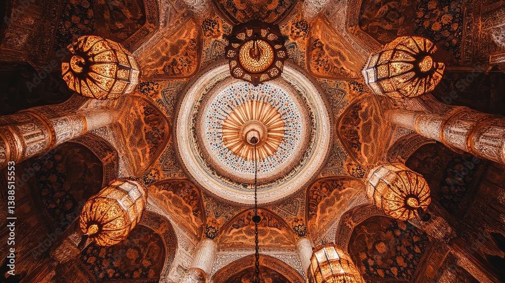 Decorative temple ceiling with intricate patterns and hanging lanterns, warm tones and subtle space