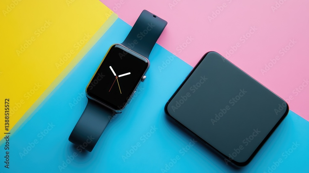 Digital flat lay with smartwatch and phone aligned on colorful abstract surface, futuristic tech aesthetic