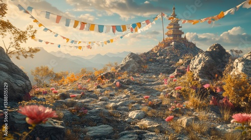 Obraz na płótnie Decorative prayer flags draped across a mountaintop temple, spiritual scenery and open background w salonie