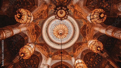 Obraz na płótnie Decorative temple ceiling with intricate patterns and hanging lanterns, warm tones and subtle space w salonie
