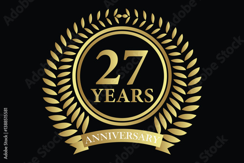 27 years anniversary icon with laurel wreath and number, vector illustration.