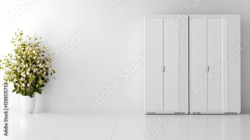 Two tall white wardrobes stand against a minimalist white wall. A vase of white flowers sits to the left. The image is clean, high-resolution, and brightly lit. The style is modern and simple, conve