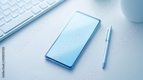 Obraz na płótnie Flat lay of touchscreen smartphone on desk with keyboard and pen, clean workspace with room for design elements w salonie