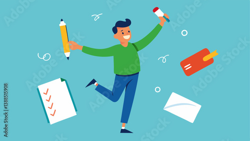 DebtFree Goal A millennial triumphantly crossing off items on a list of debts with a pencil in hand and a celebratory atmosphere around them.