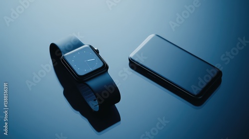 Phone and smartwatch on clear glass surface with reflections, minimalist tech elegance with room for interface