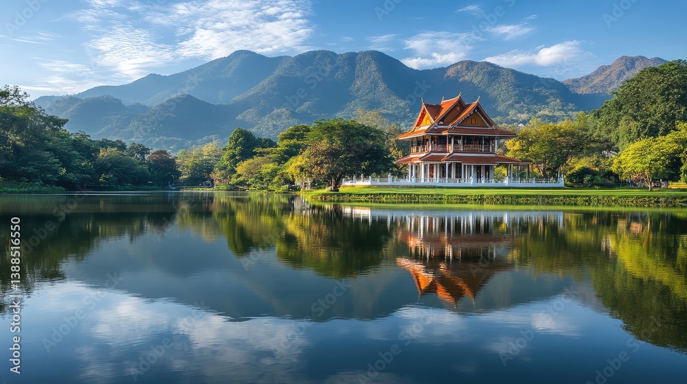 Fototapeta premium Scenic view of lakeside temple with mountain reflections, spiritual tranquility and open space
